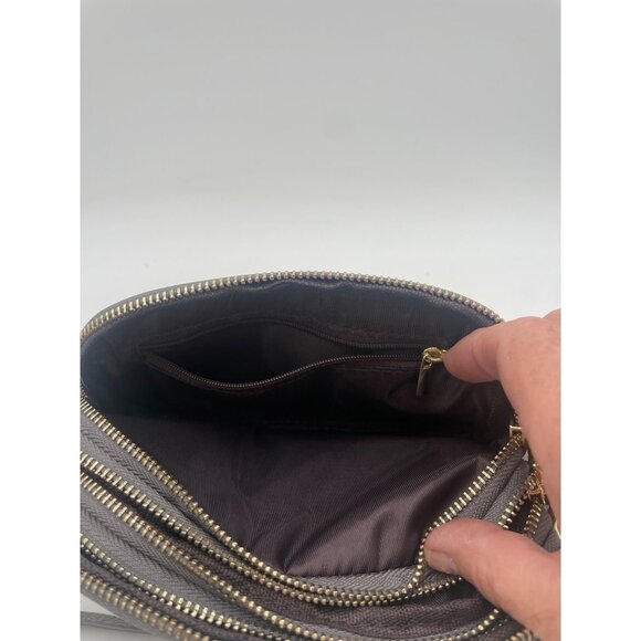 Brown Faux Leather Crossbody Bag With Gold Double Zippers Antler Logo 8x5 in - Picture 10 of 12